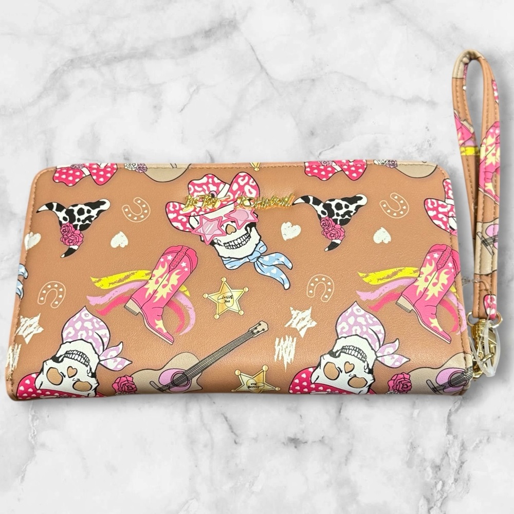 Betsy Johnson Tan Cowgirl Skulls Guitars Boots & Bulls Print Wristlet Wallet